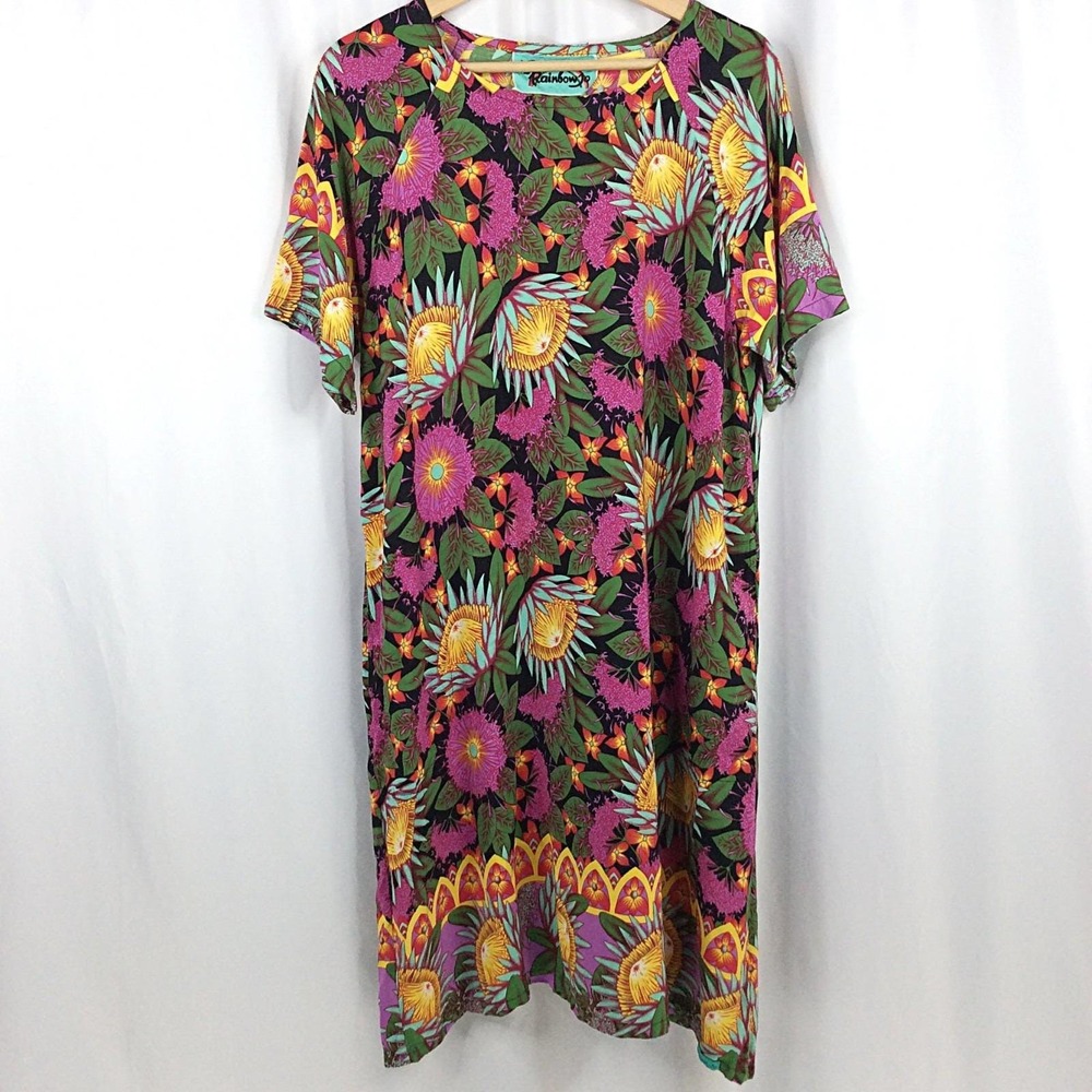 Rainbow Jo Floral Hawaiian Midi Dress Women's Size XL Rayon Short Sleeve Pockets